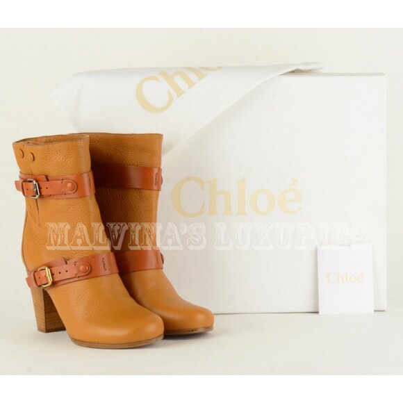 CHLOE ANKLE BOOTS LEATHER DOUBLE STRAP & BUCKLE MID STACKED HEEL sz 35 5 - Picture 2 of 13